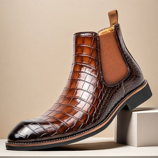 Brown Boots Men's Crocodile Chelsea Pattern Slip-On –