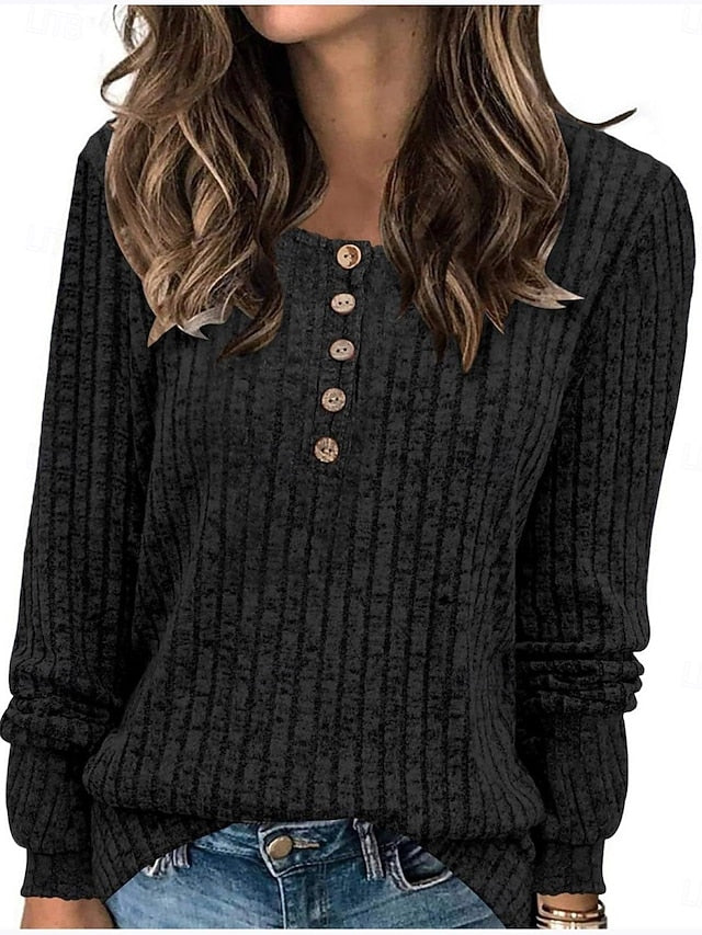 Women's Blouse Buttons Knit Solid Color Stylish Casual Long