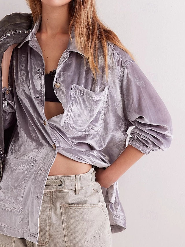 Women's Shirt Velvet Elegant Dressy Buttons Plain Vintage