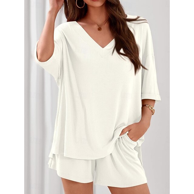 Women's Shorts Sets 3/4 Length Sleeve V Neck Solid Color