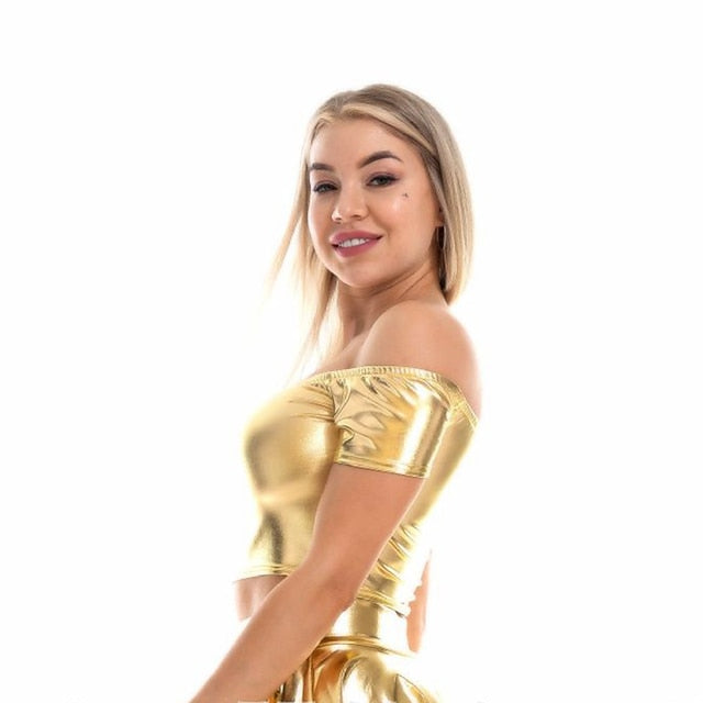 Metallic 1980s Shiny Latex Patent Crop Top PU Leather Off