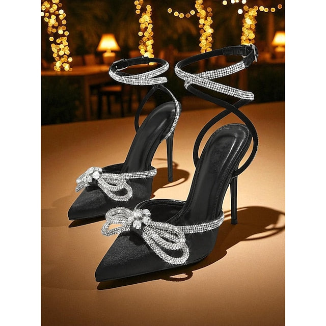 Satin Black Women's Stiletto with Heels Rhinestone Bow and