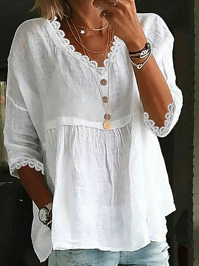 Women's Cotton Blend Button Up Lace Splicing Top Solid