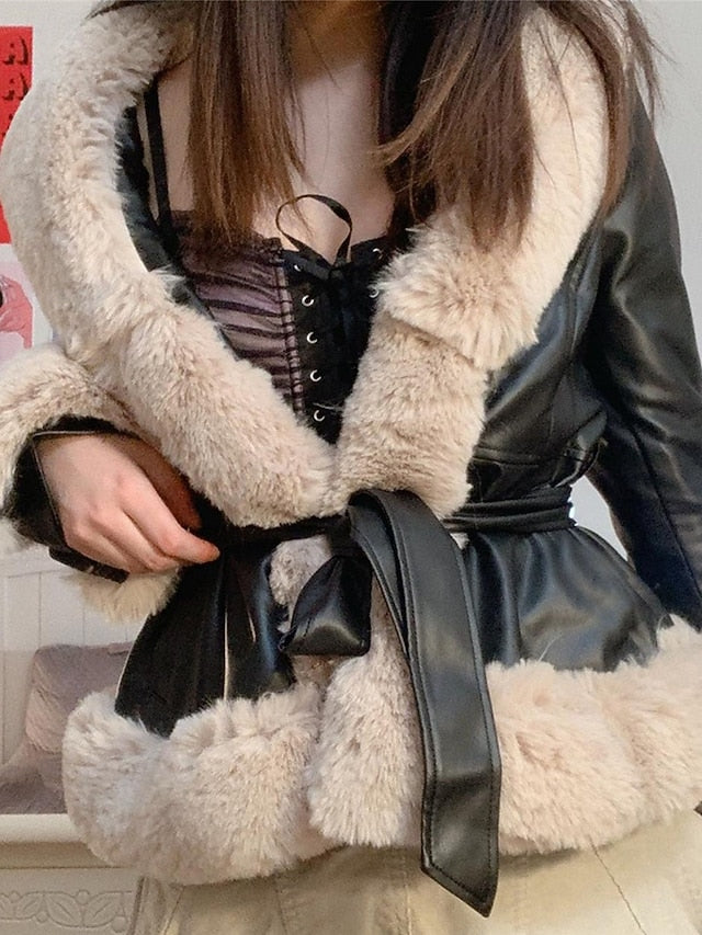Collar Leather Women's Warm Faux Fur Jacket Breathable