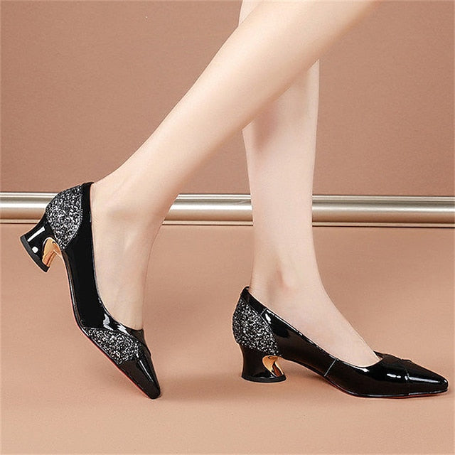 Faux Leather Heels Block Women's Patent Glitter-Accented