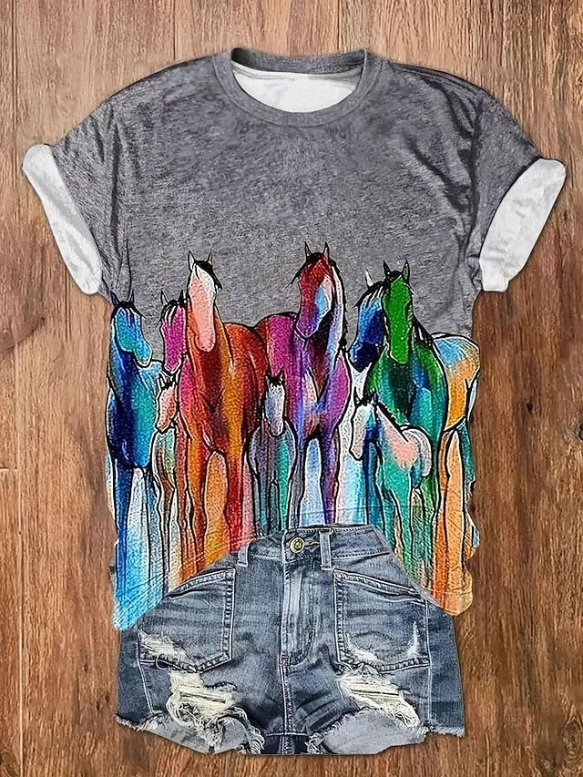Women's T Shirt Casual Horse Print Short Sleeve Regular