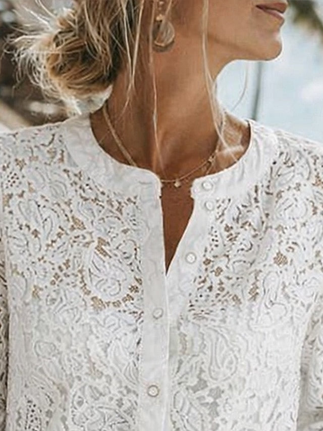 Women's Blouse Lace Buttons Solid Color Stylish Casual Long