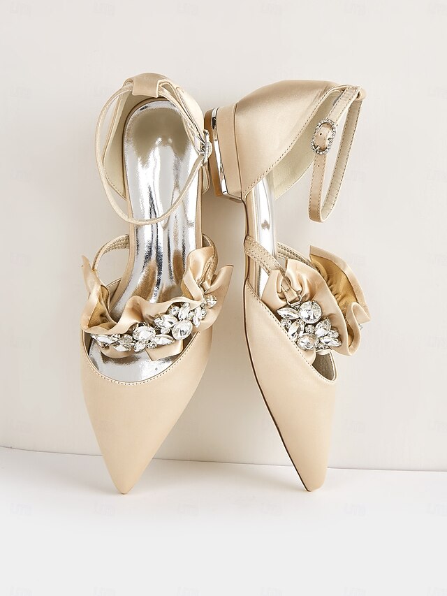 with Satin Pointed-Toe Flats Black Rhinestone Women's