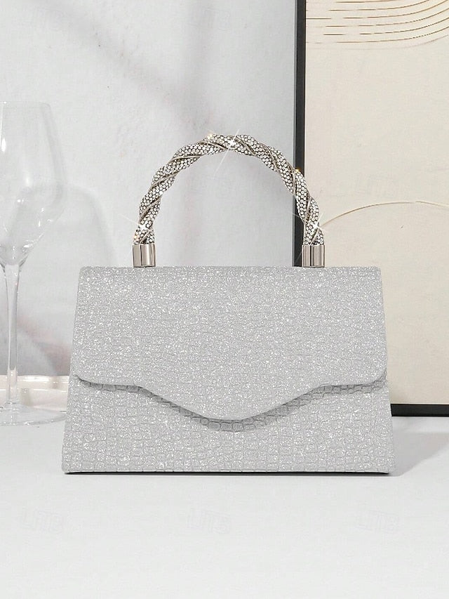 Glitter Handle Handbag Silver Rhinestone Women's with –