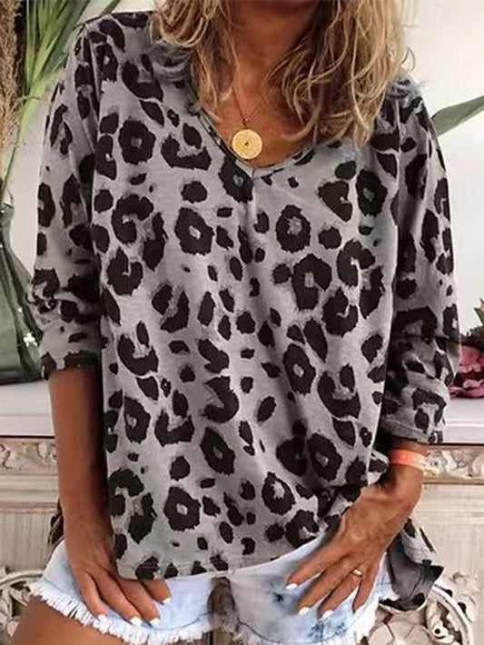 Women's T Shirt Print Leopard Fashion Long Sleeve V Neck