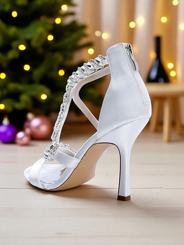 Sandals Rhinestone High Strappy Women's White - Heel