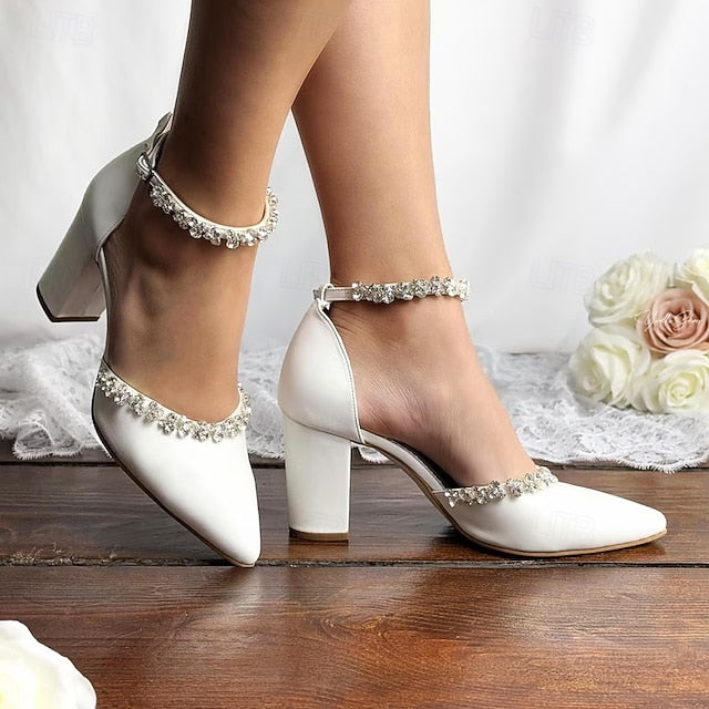 Wedding Heel Women's Shoes Pointed Toe – Block with White