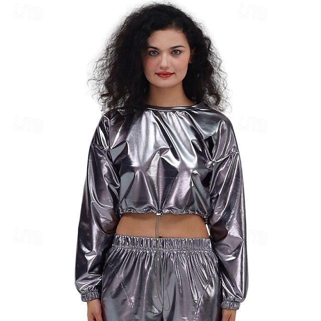 1980s Hip Hop Shiny Metallic Crop Top Sweatshirt Disco Fancy
