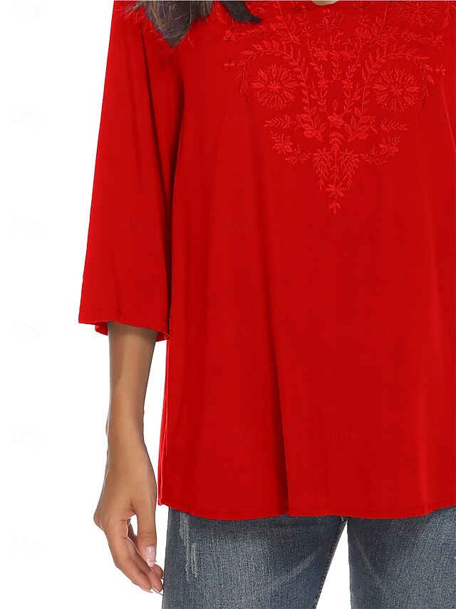 Women's Boho Shirt Embroidered Floral Bohemia Casual 3/4