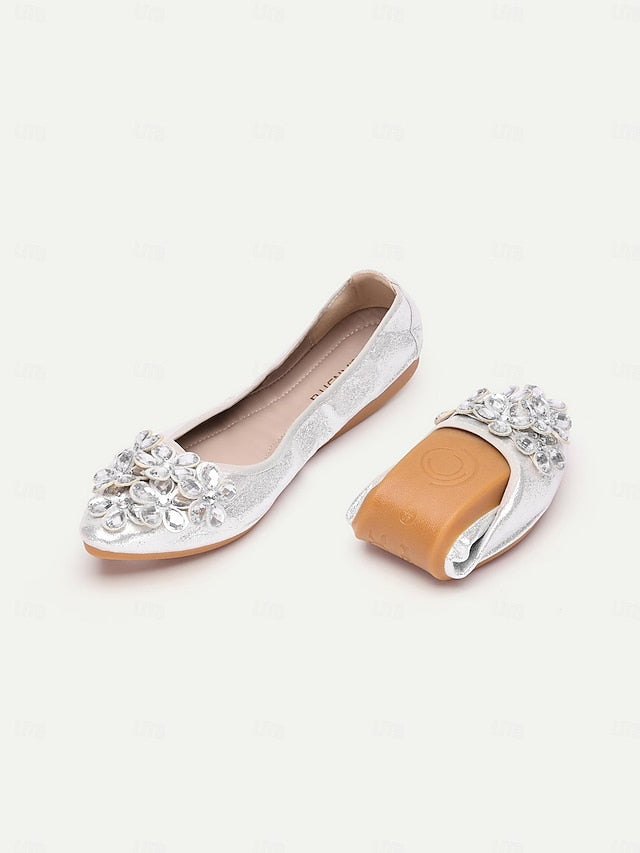 Women's Flats Foldable Silver with Rhinestone