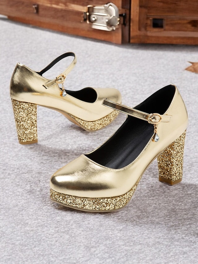 Heel Gold Pumps Sparkly Women's Jane Glitter Block Mary –