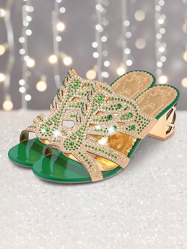 Rhinestone Embellished Heeled Gold and - Sandals Green