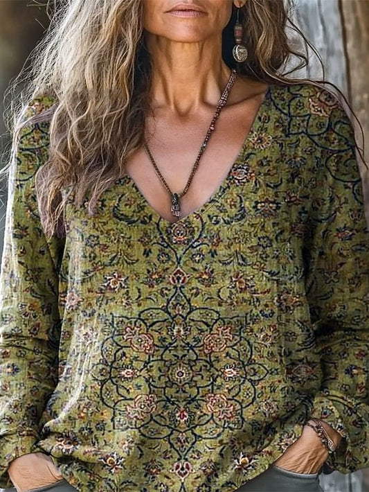 Women's Boho Shirt Blouse Ruched Floral Graphic Elegant