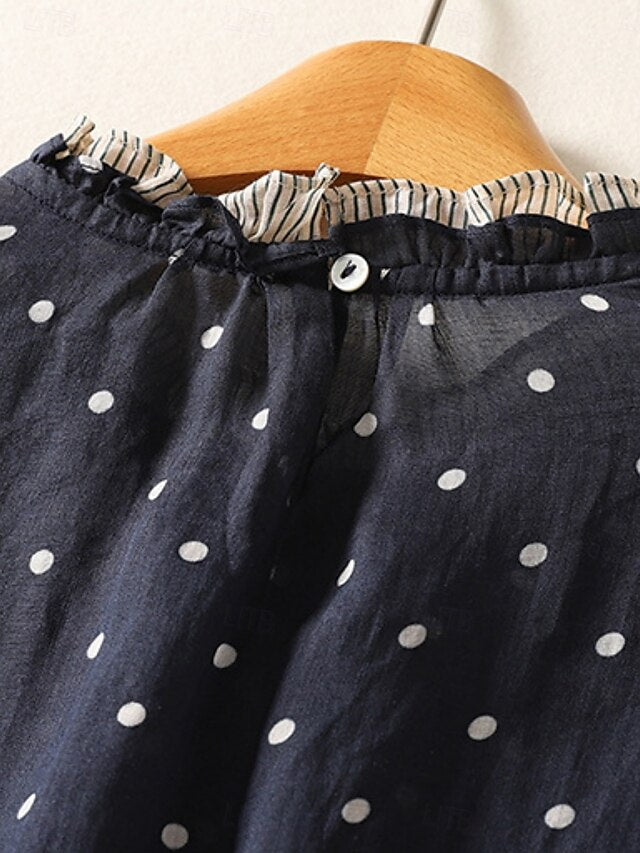 Women's Shirt Blouse Long Sleeve Tops Patchwork Polka Dot