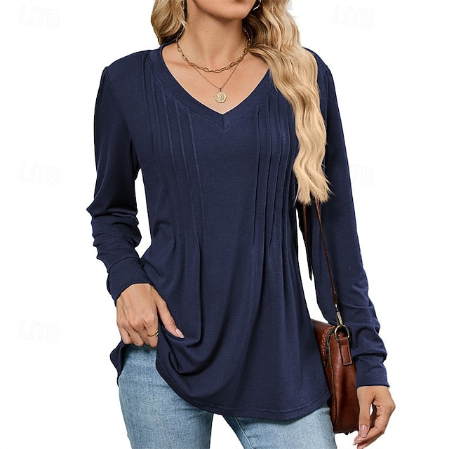 Women's T Shirt Plain Casual Long Sleeve V Neck Regular
