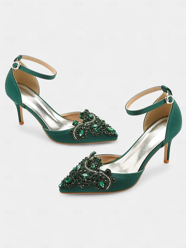 Ankle Heels Pointed Strap – Women's Green Emerald Satin