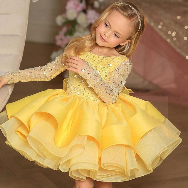 3D Girls' Fall Sleeve Dress Sequin Summer Long Spring