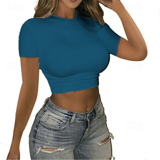 Women's Wrap Crop Top Plain Stylish Short Sleeve Crew Neck