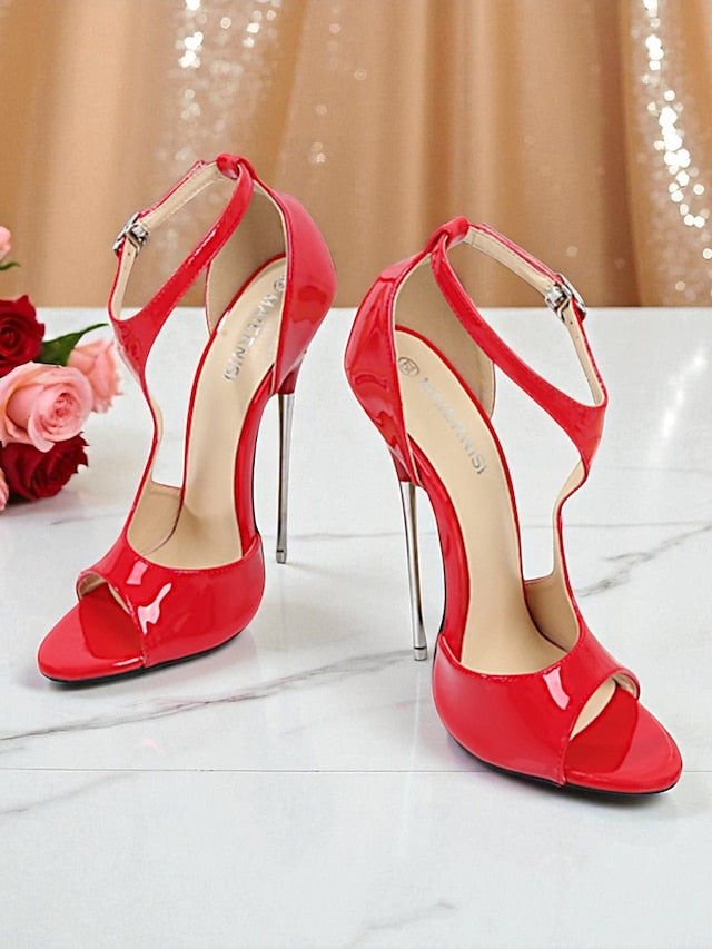 Red Strappy Stiletto Patent Open - Heels Leather Women's