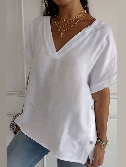 Women's Cotton Linen Blouse Solid Color Elegant Casual