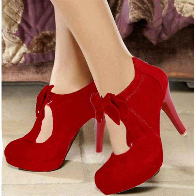 Suede Vintage Platform Pumps Red – Bow Women's Heel High