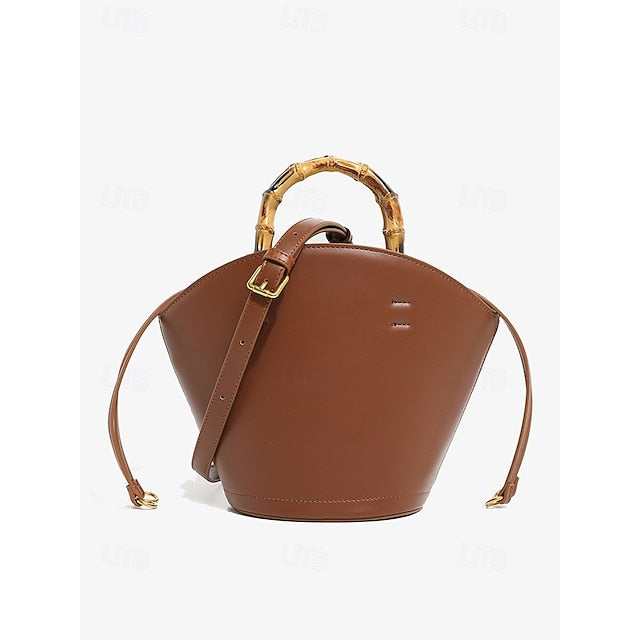 Sac seau en bambou avec anse en cuir pour femme, marron