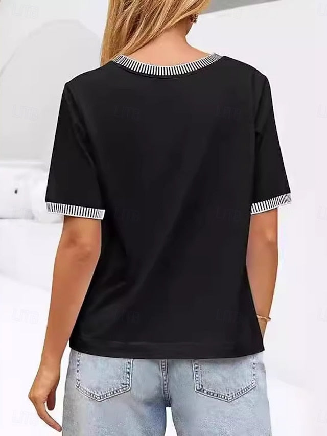 Women's T Shirt Tee Top Patchwork Striped Fashion Stylish