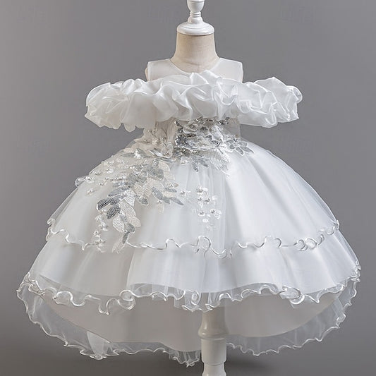 Short Wedding Dress Floral Girls' Sleeve Flower Party Kids