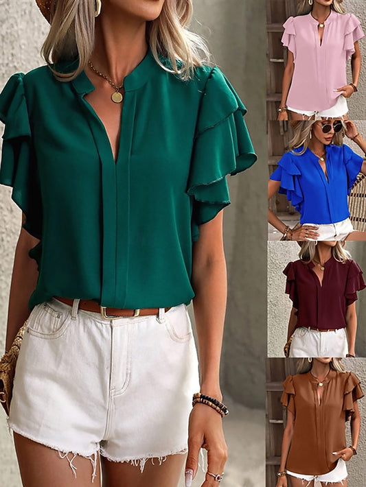 Women's Shirt Blouse Ruffle Patchwork Plain Elegant Stylish