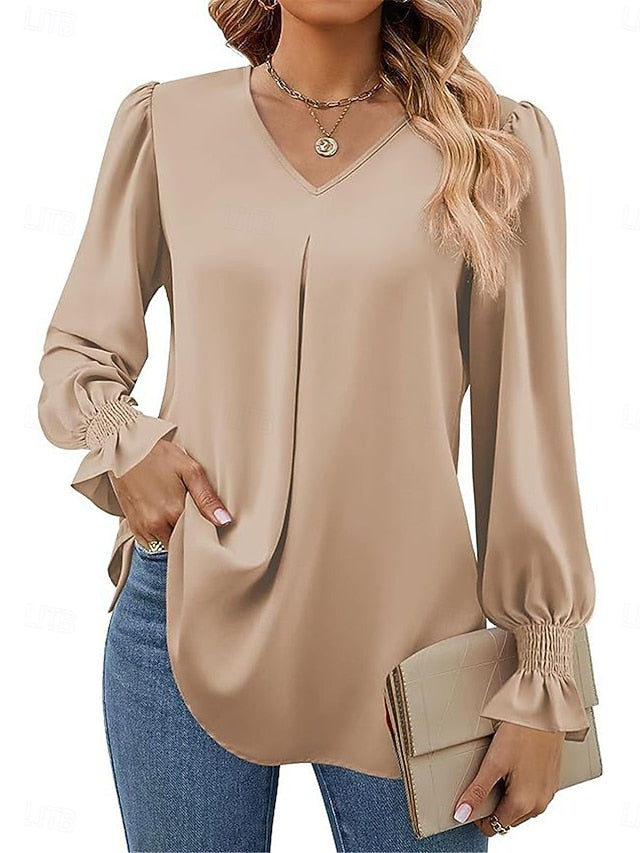 Women's Shirt Blouse Solid Color Basic Casual Long Sleeve V