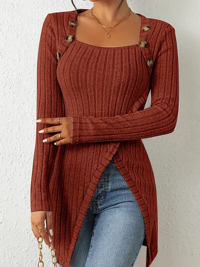 Women's T Shirt Tee Top Buttons Asymmetrical Solid Color