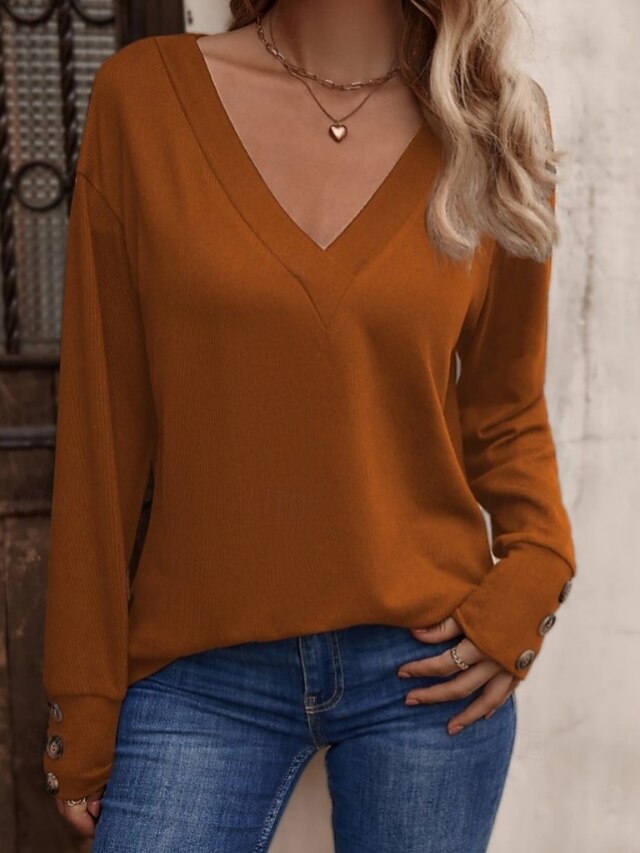 Women's T Shirt Tee Top Buttons Solid Color Fashion Stylish