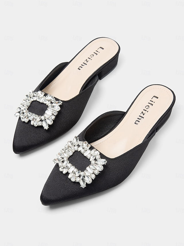 Black with Satin Rhinestone Mules Pointed-Toe Women's
