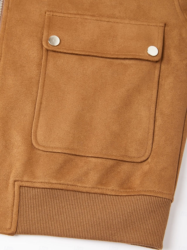 Women's Relaxed Faux Suede Zip Jacket Lapel Collar Ribbed