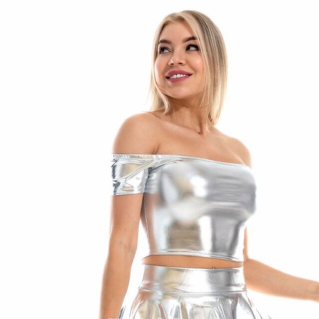 Metallic 1980s Shiny Latex Patent Crop Top PU Leather Off