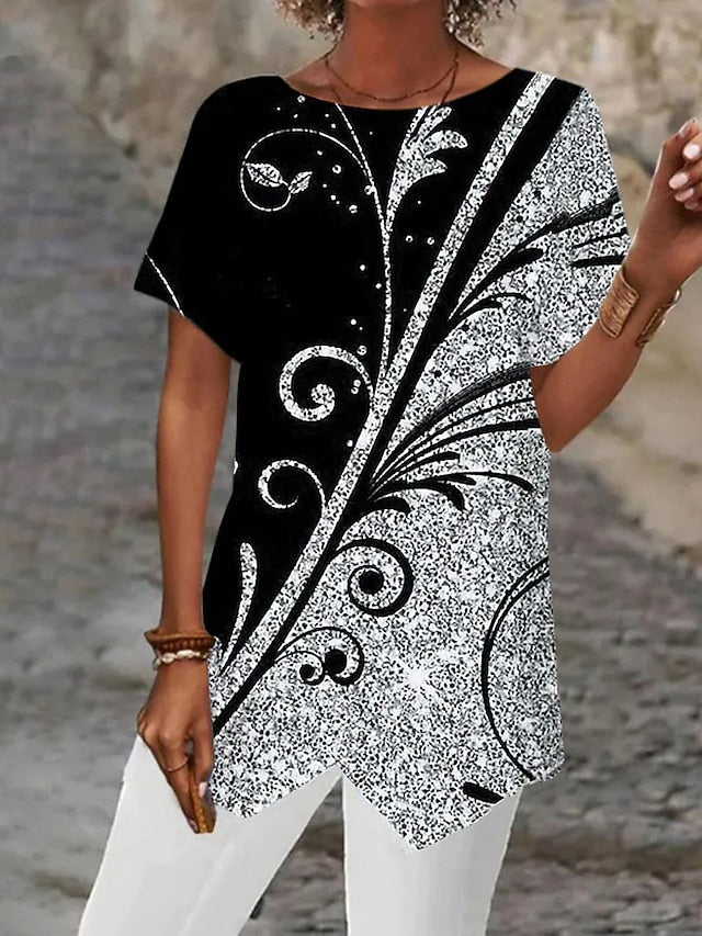 Women's Blouse Asymmetrical Hem Basic Abstract Print Short
