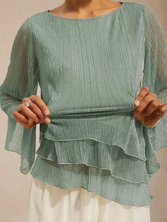 Women's Blouse Chiffon Tops Sequins Pleated Patchwork