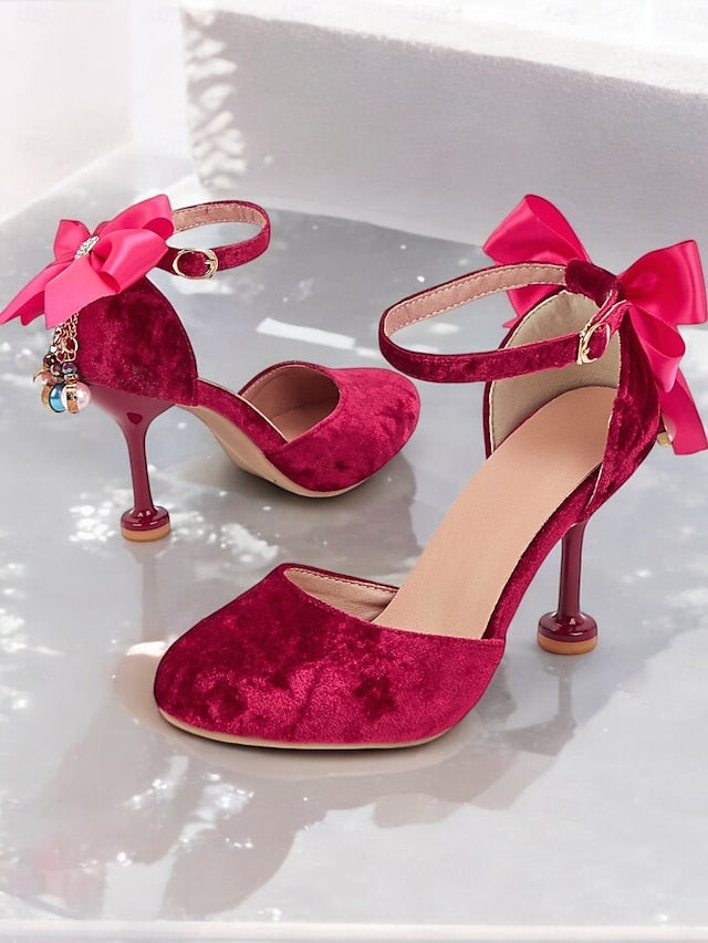 Jane Women's Mary Big Heels and Burgundy Bow with Velvet