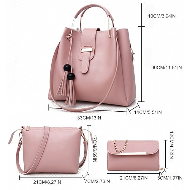 Leather Women's Set Tote 3-Piece Pink Faux - Handbag