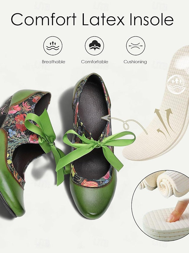 Floral Women's Green Jane Leather with Mary Print Heels