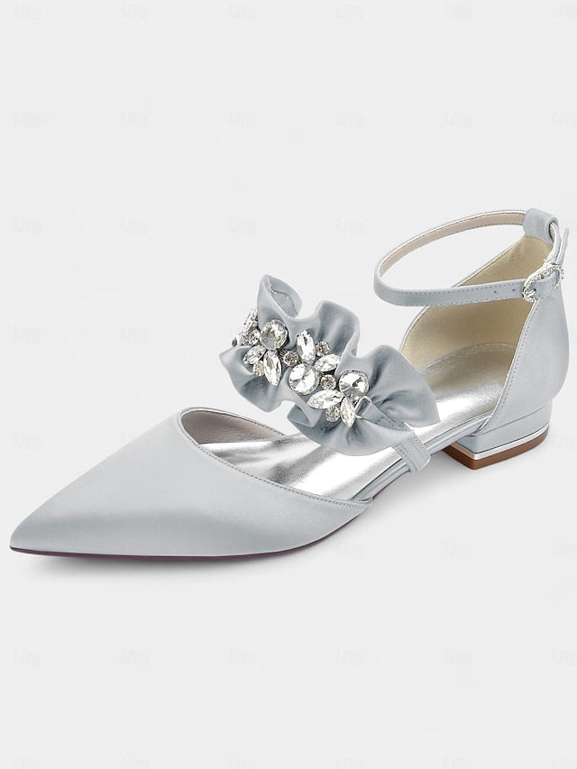 with Satin Pointed-Toe Flats Black Rhinestone Women's