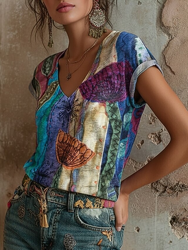 Women's T Shirt Print Floral Graphic Graffiti Bohemia