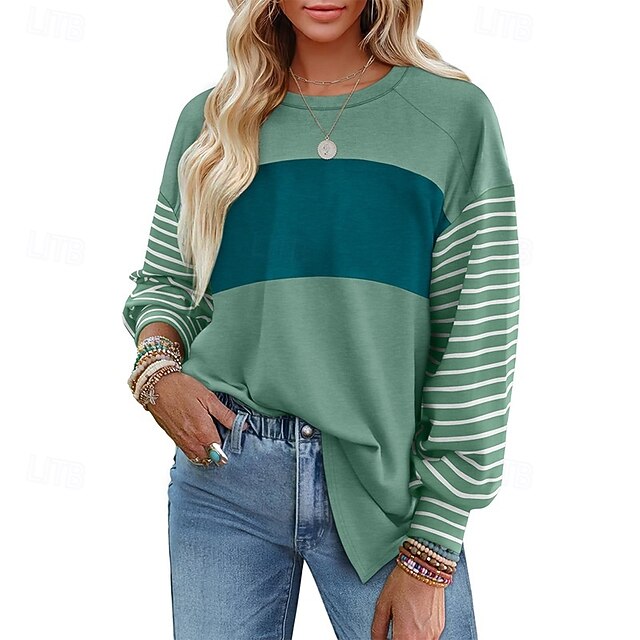 Women's T Shirt Tee Top Patchwork Striped Fashion Classic