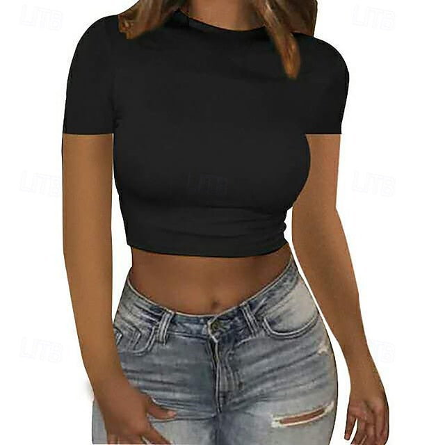 Women's Wrap Crop Top Plain Stylish Short Sleeve Crew Neck