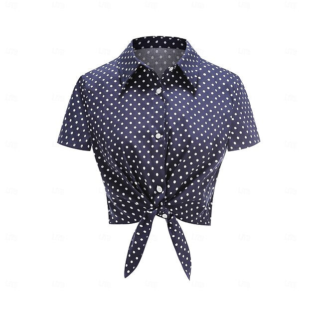 1950s Retro Vintage Crop Top Shirt Short Sleeves Polka Dot Fancy